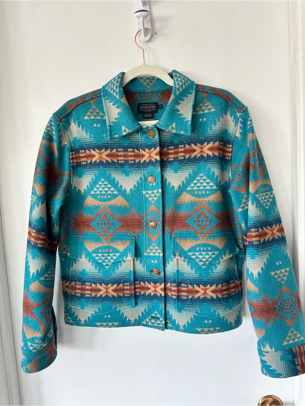NWOT Pendleton Blue Turquoise and Brown Lowell 100% Wool Boxy Jacket Size M - Picture 4 of 8